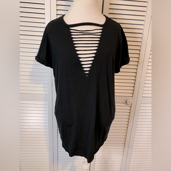 Cotton V-Neck Ladder Slash Tee - Picture 1 of 5
